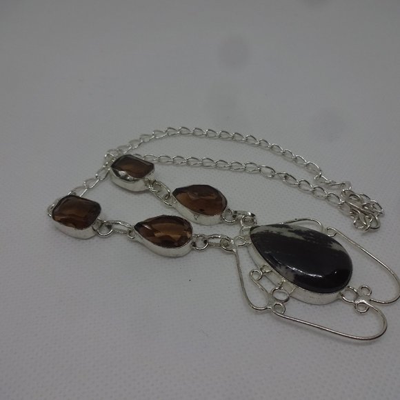 Natural "COFFEE BEAN JASPER & SMOKEY TOPAZ" Handmade Sterling Necklace 20" #292 - Picture 1 of 3